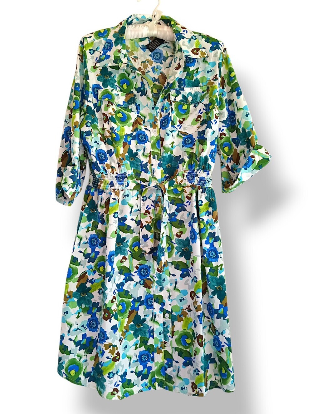 Millenium Blue Green Saturated Floral Button down Midi Dress Flowy Breezy Summer